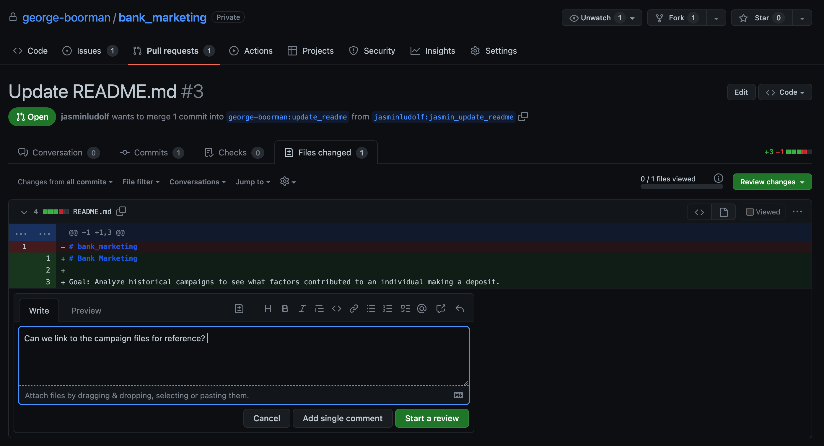 Owner view of the files changed tab in a PR with comment box for one line