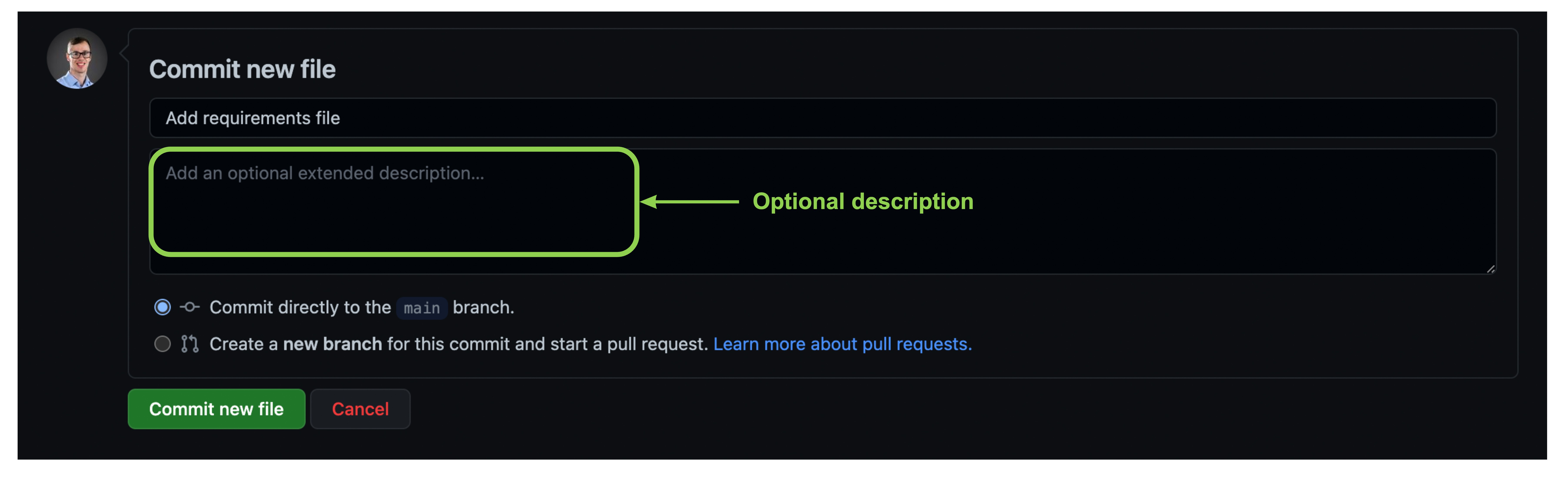 Optional extended description text box left blank