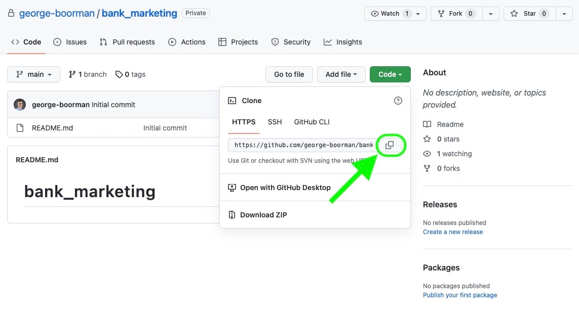 View of the dropdown menu after clicking the Code button on a GitHub repo and the copy icon is highlighted.