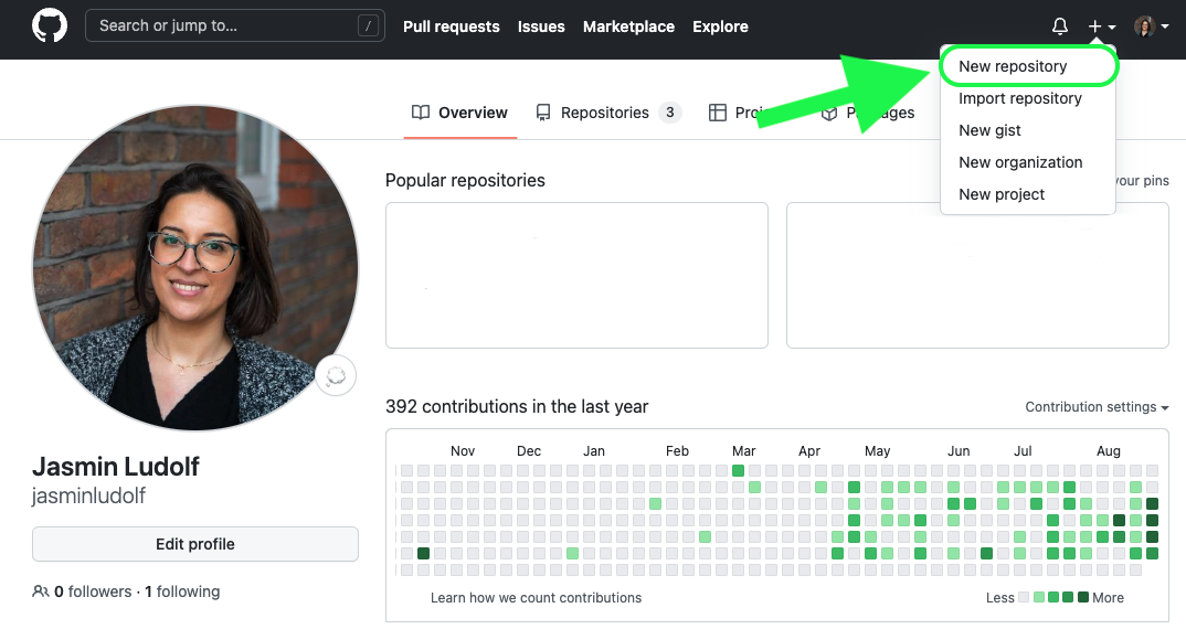 GitHub profile view with a green arrow pointing to the New Repository option in a dropdown menu.
