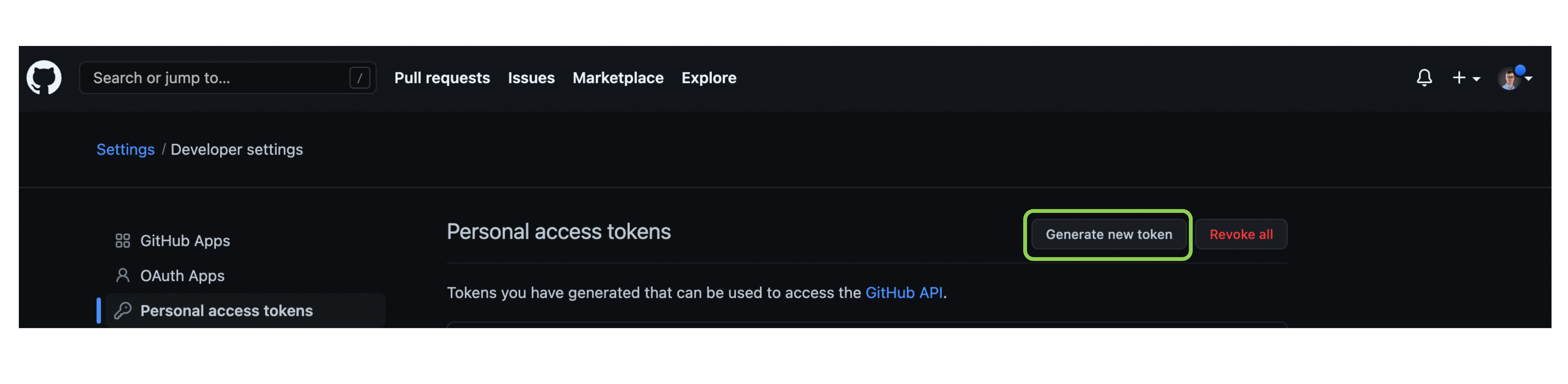 Personal access tokens section, with a button to Generate new token