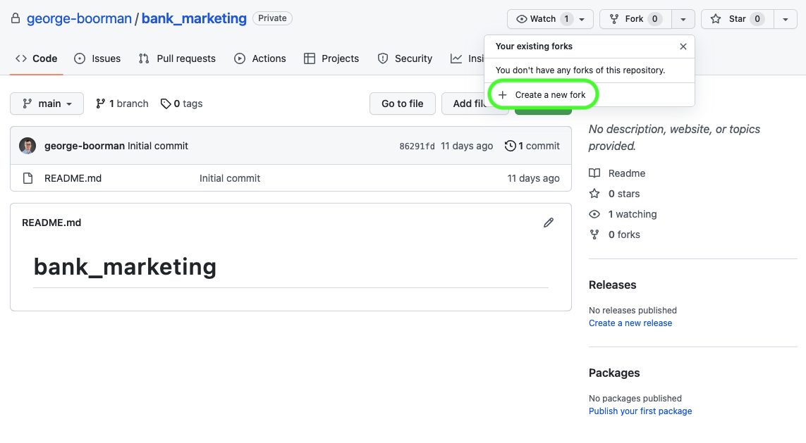 Screenshot of the main view of the private repo for bank marketing owned by George Boorman with the dropdown menu from the fork button visible and the Create new fork button highlighted