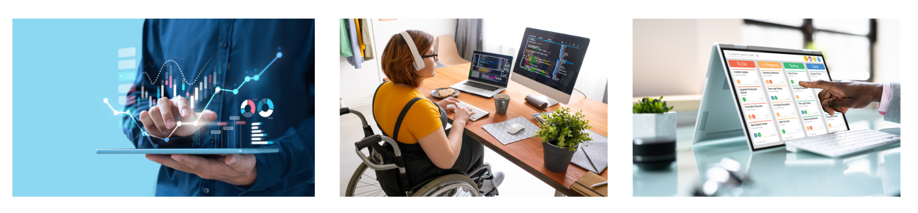 Three pictures depicting data preparation, programming websites, subtasks