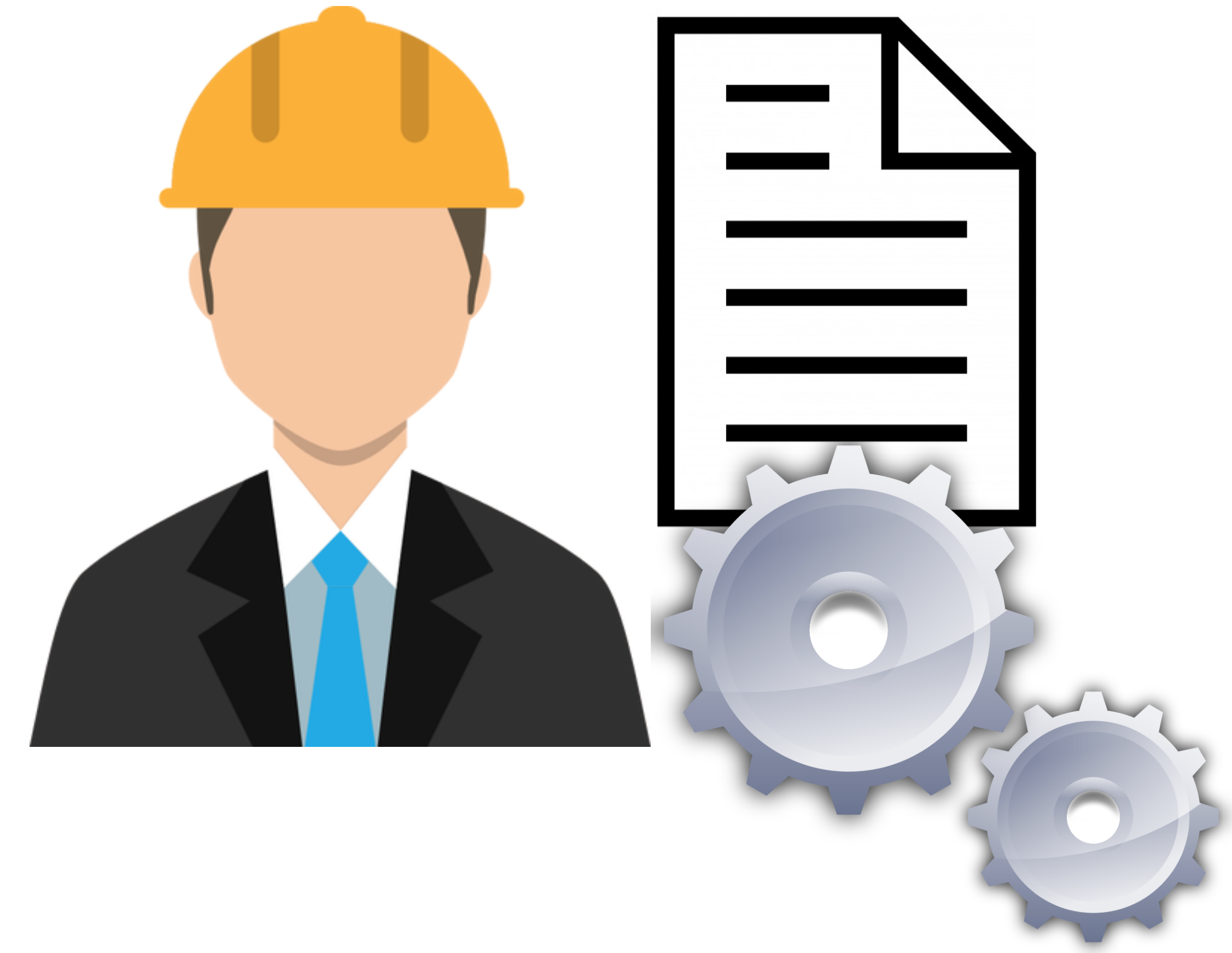 Picture of a worker wearing and suit next to paper sheets and cogs symbolizing a data process.