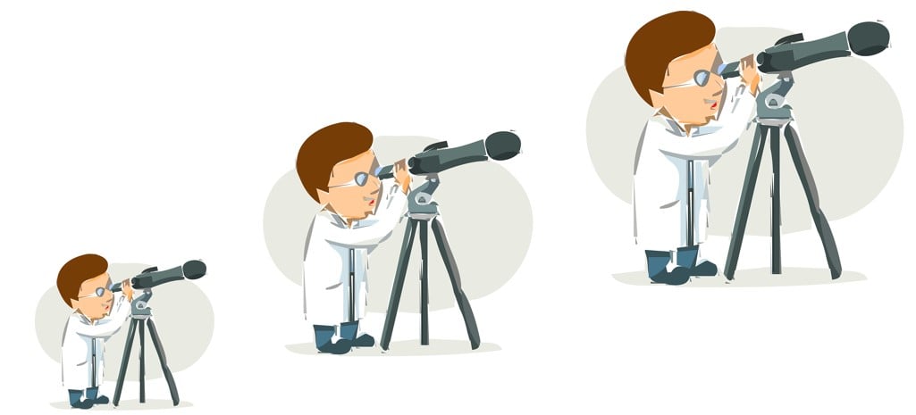 A figure to illustrate the concept of reproducibility. It shows a series of scientists looking at each other working through a telescope. They do this because they wish to reproduce each other's work.