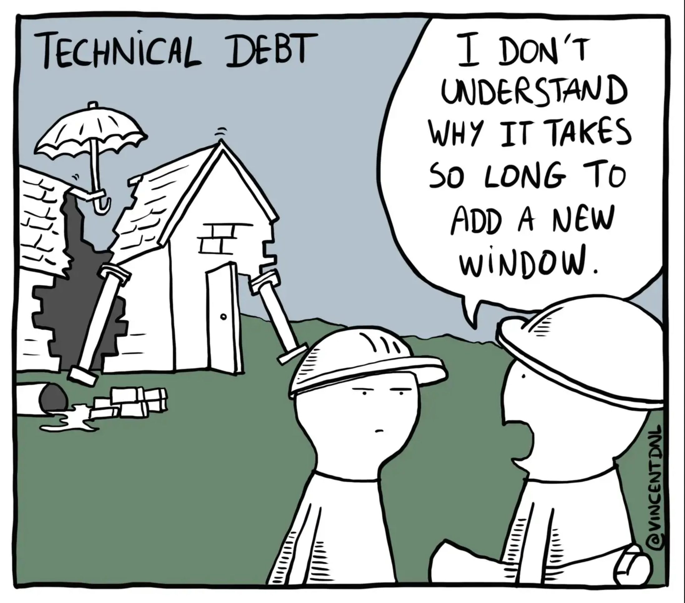 Picture of two engineers in front of a poorly built house. One says to the other "I don't understand why it takes so long to add a new window."