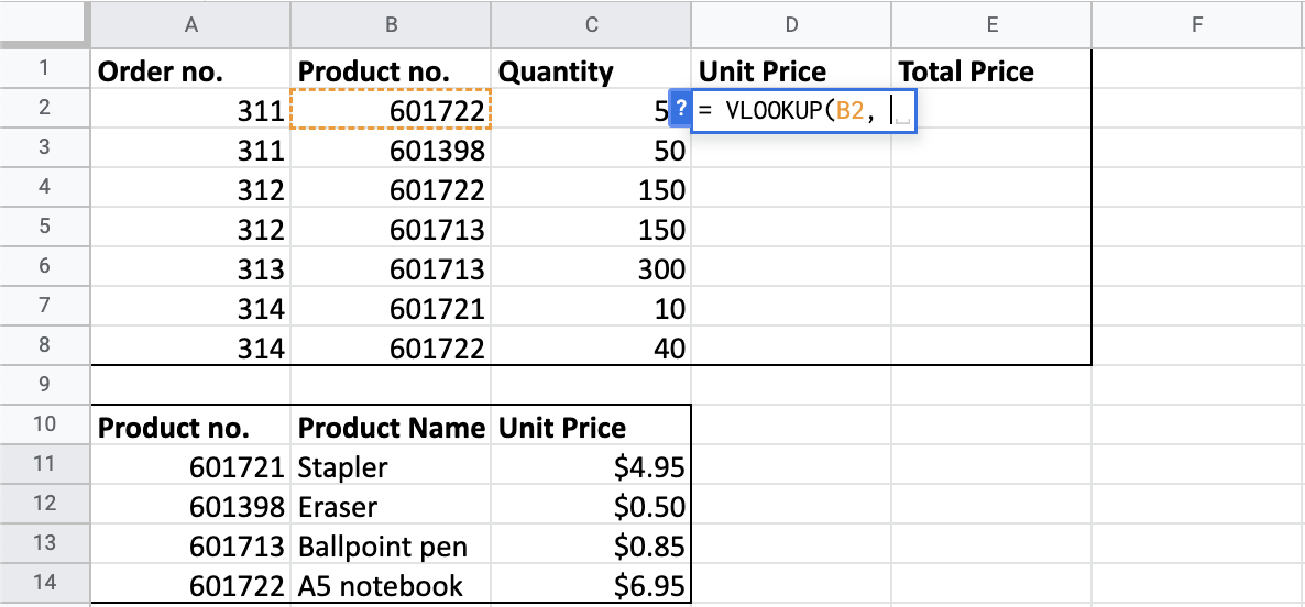 A main table containing orders for different stationary products, and a products table containing the product names and prices.