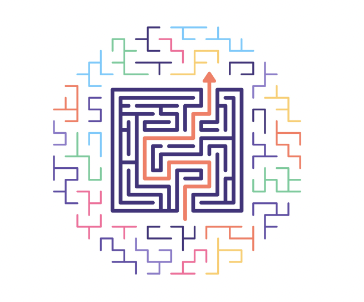 A complex maze with the line from entrance to exit drawn through it.