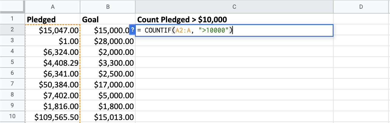 Counting how many games were pledged more than ten thousand dollars.