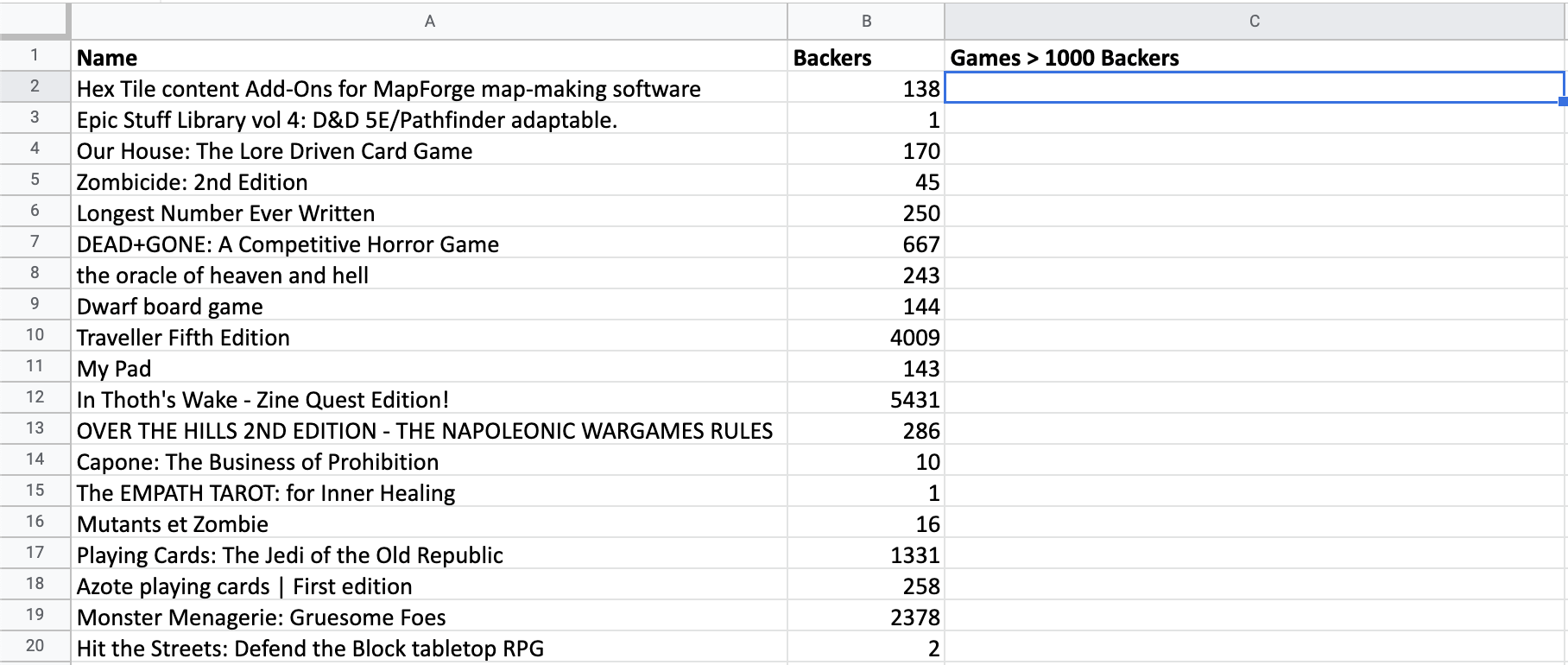 A spreadsheet containing data from various kickstarter games.
