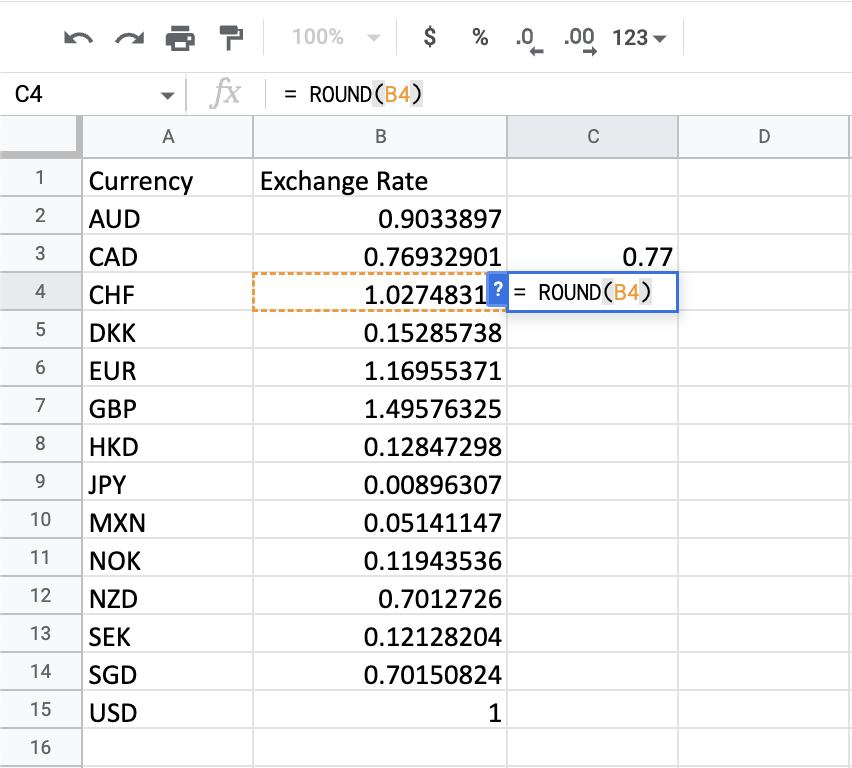 Rounding the exchange rate of the Swiss Franc to zero decimal places.