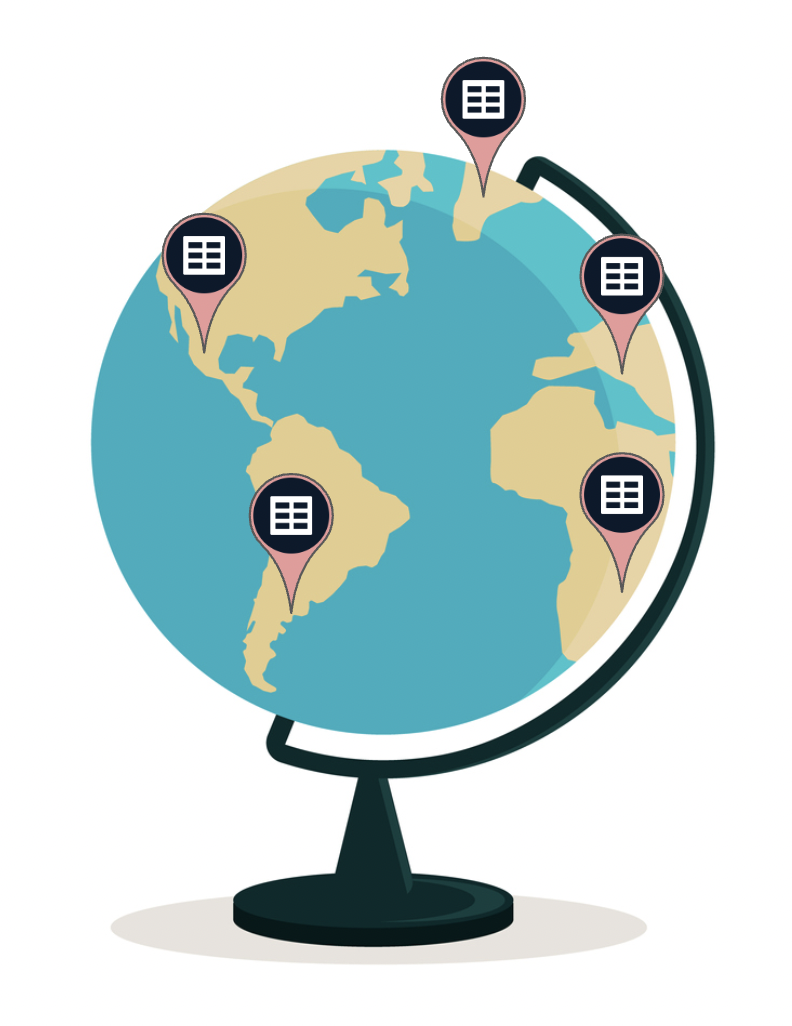 A globe with spreadsheets markers spanning the different continents.