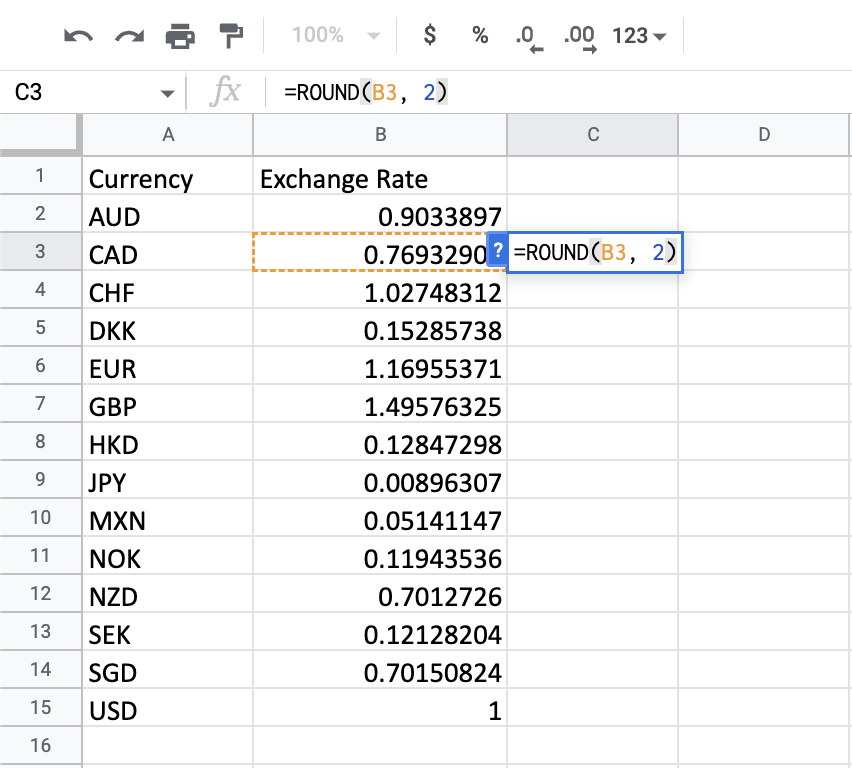 Rounding the exchange rate for the Canadian dollar to two decimal places.
