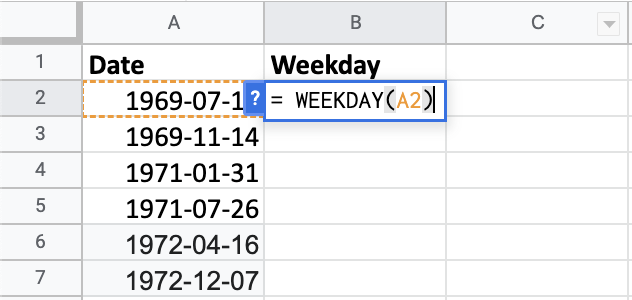 Using WEEKDAY to find the weekday of the moon landings.