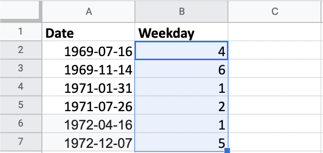 Using WEEKDAY to find the weekday of the moon landings.