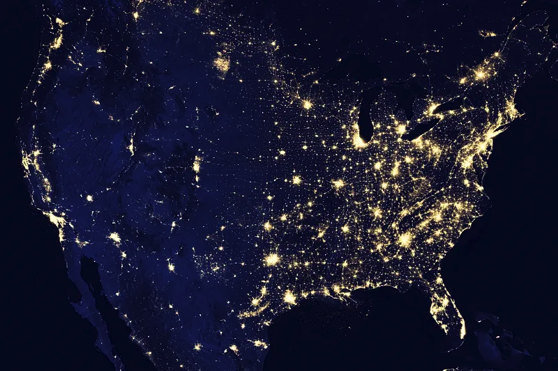 A satellite image of night lights in North America.
