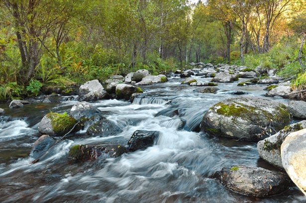 Photo of a river flowing through a rocky area.