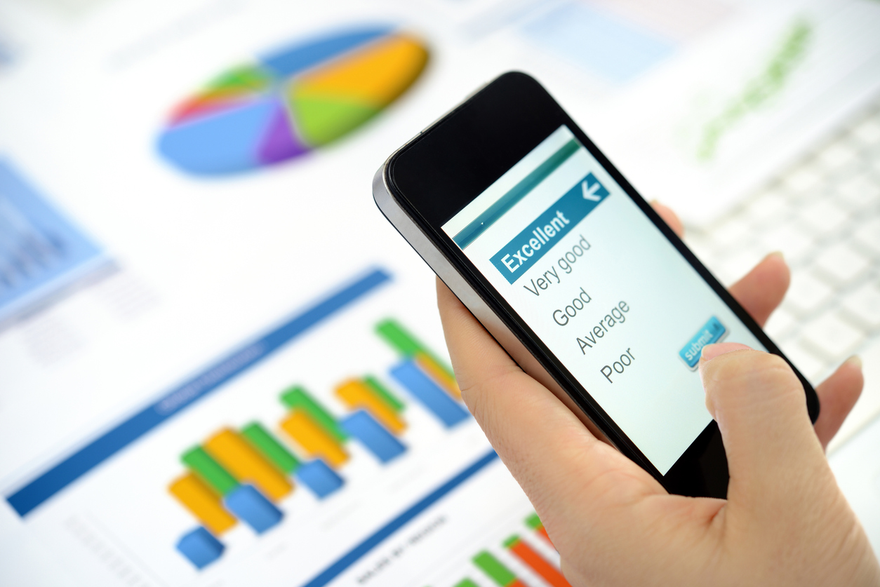 Closeup of online customer service satisfaction survey on a smart phone