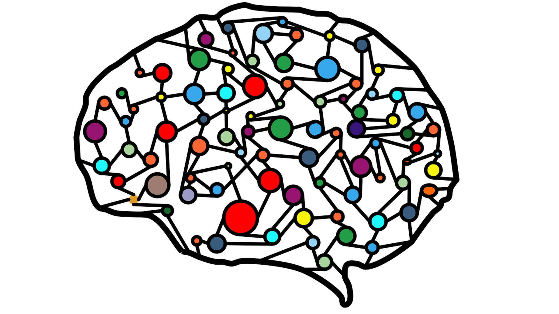 Illustration of an artistic representation of an artificial neural network represented by colorful notes and connectors within a call out shape of a brain.