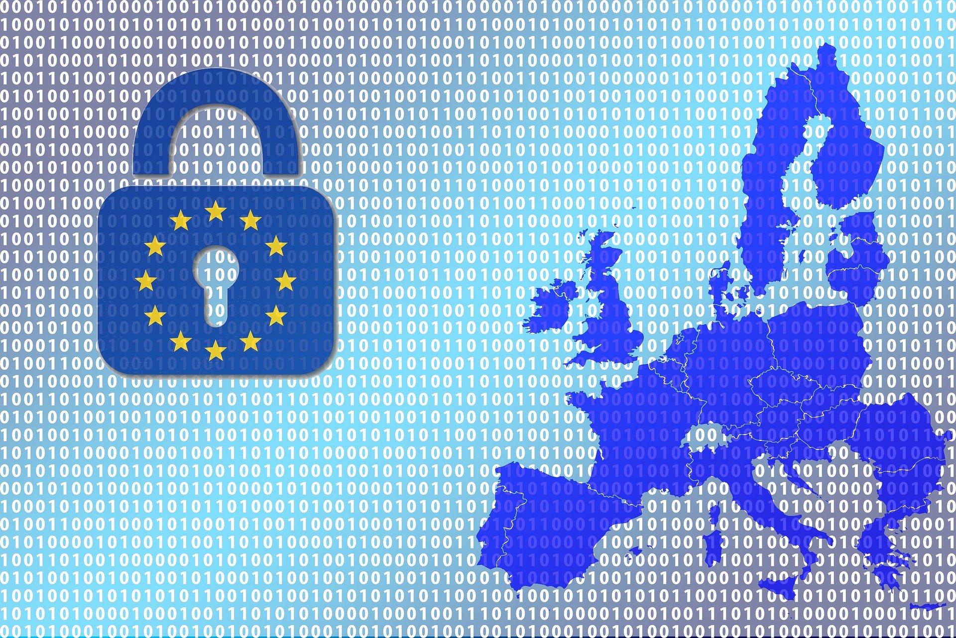 Illustration of a partial map of Europe. Next to the map is a picture of a lock bearing the EU flag. The illustration has a background filled with 0s and 1s depicting data.