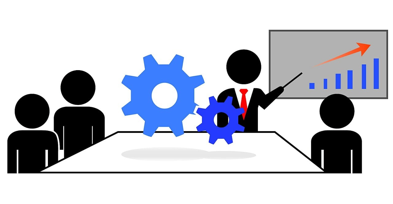Illustration of a company training session representing company data and procedures using charts and two gears.