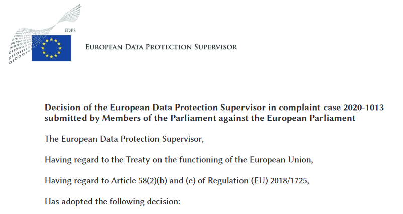 Screenshot of a part of the first page of the EDPS decisions against European Parliament regarding data protection violations.