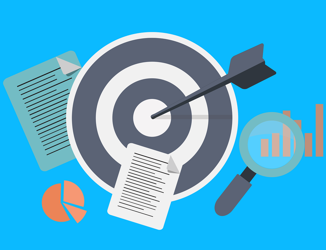 Illustration of a dart hitting the target which represents a purpose. The dart board is surrounded by data related elements like documents and graphs.