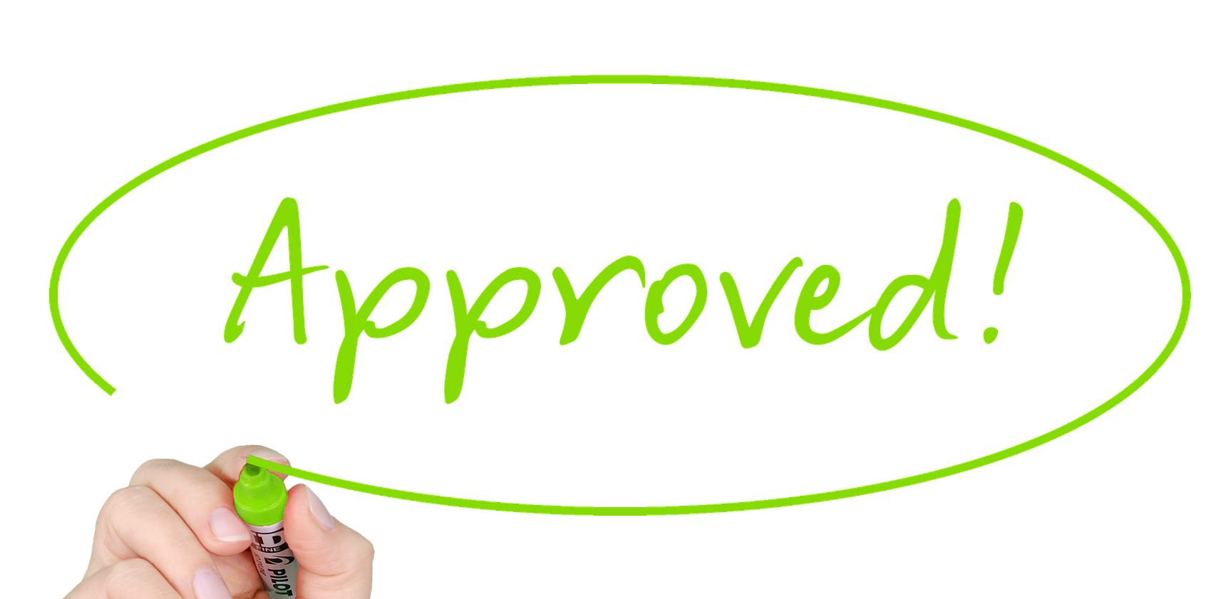 Picture with a hand holding a sketch pen after writing the word approved and circling it.