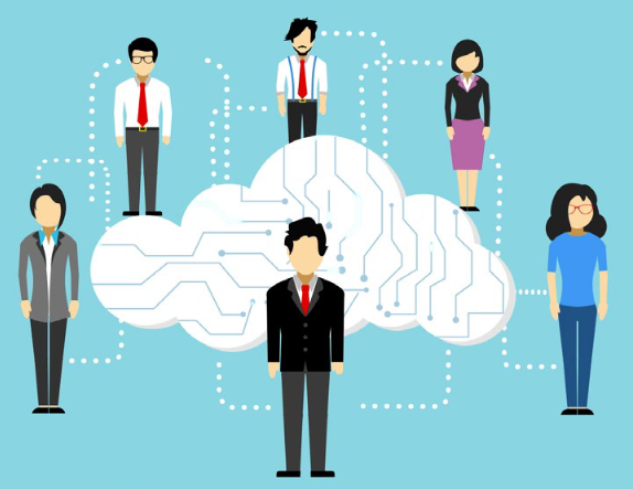 A illustration representing personal data processing. It shows several people connected through digital channels connected to a cloud.