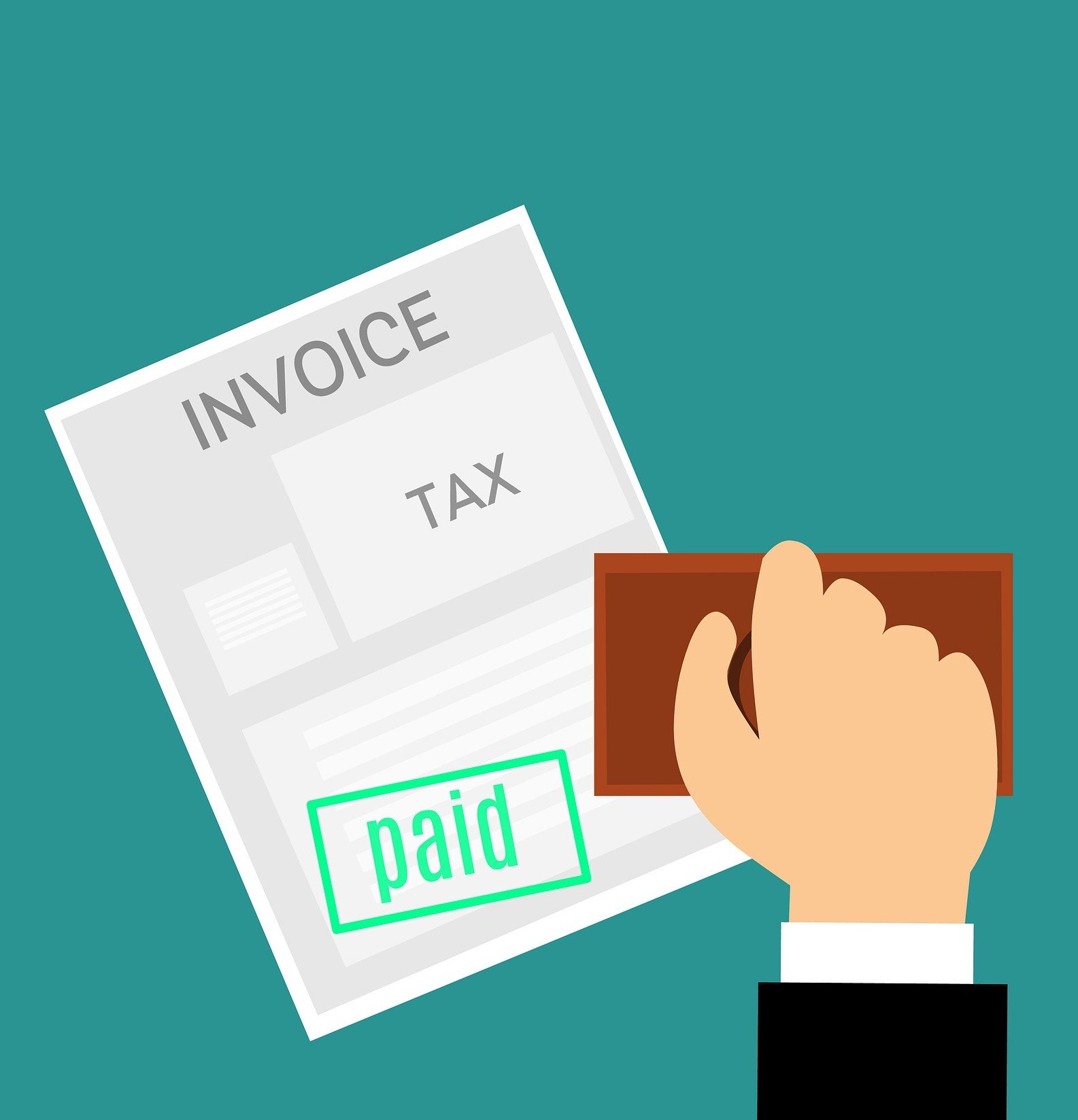 Illustration of a document with the words invoice, tax and paid, over which there is a rubber stamp held by a person's hand.