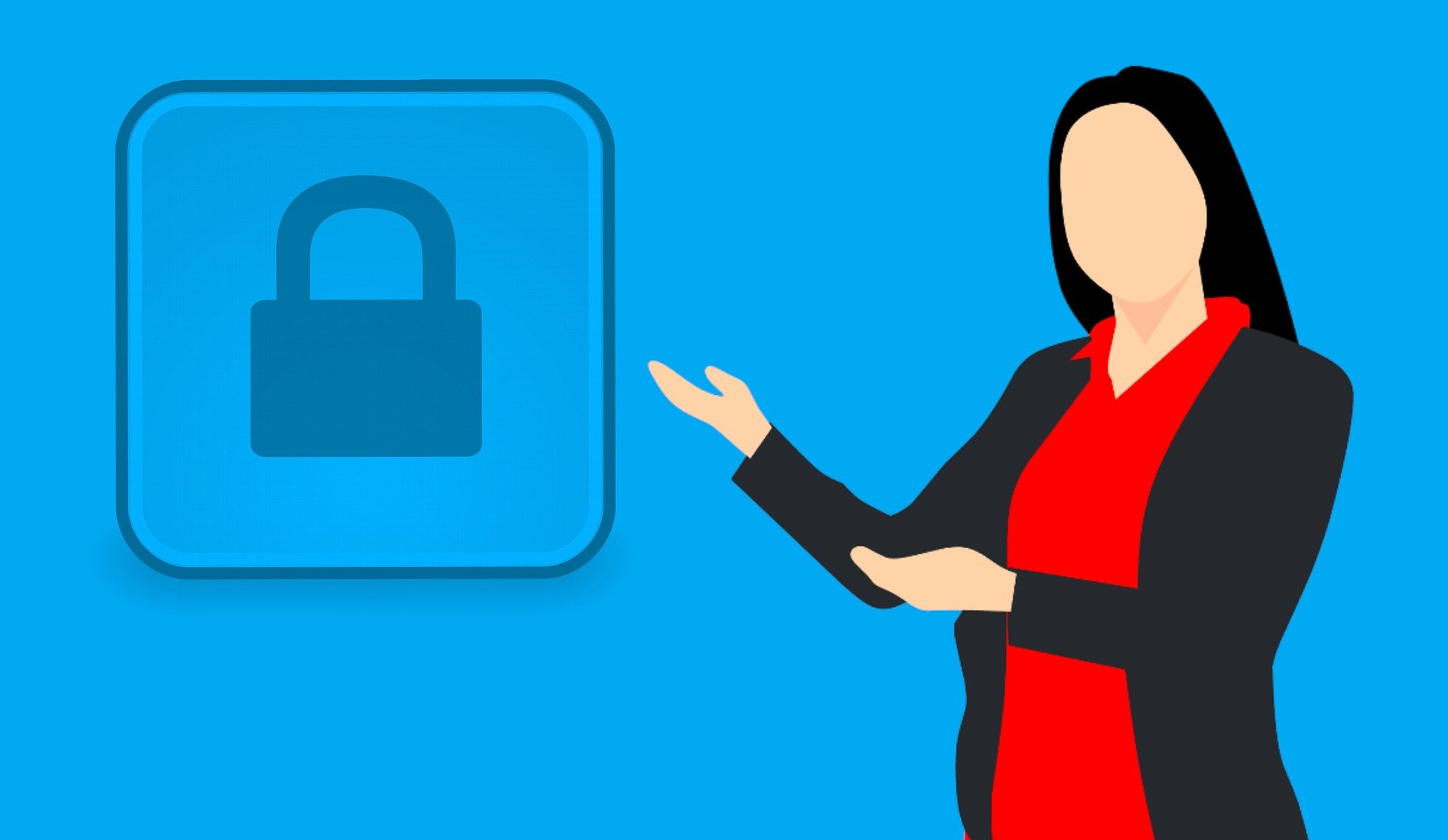 Illustration of a DPO represented by a woman pointing at a lock symbol representing data protection.
