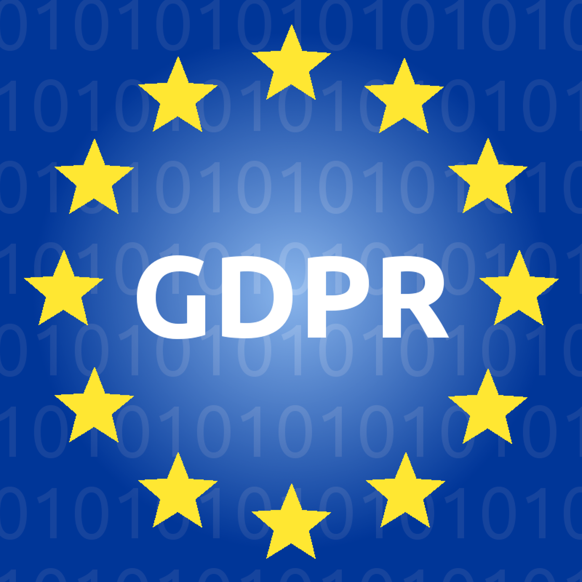 An illustration of the letters GDPR placed into the circle of stars of the EU flag, with a background of 0s and 1s.