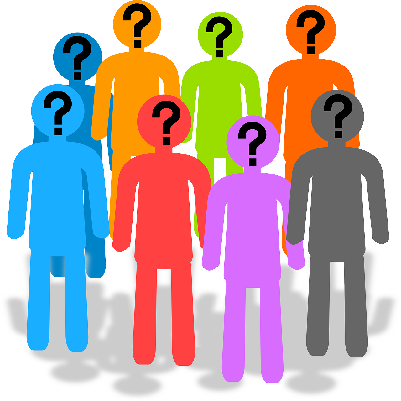 Illustration of a group of faceless individuals with a question mark on each of their faces.