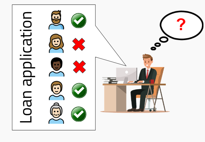 Illustration of a bank manager not being able to explain why a loan was approved or rejected to some individuals.