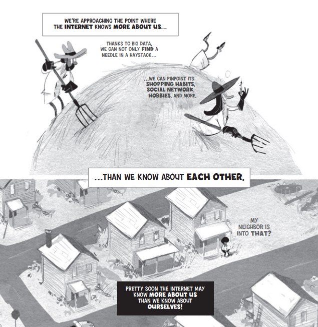A cartoon illustration of data privacy in the digital age. The picture shows that technology can extract information about someone from a metaphorical haystack of big data. Two people are looking for personal information about others with digital tools shown as pitchforks. Another person dives into the haystack for information.