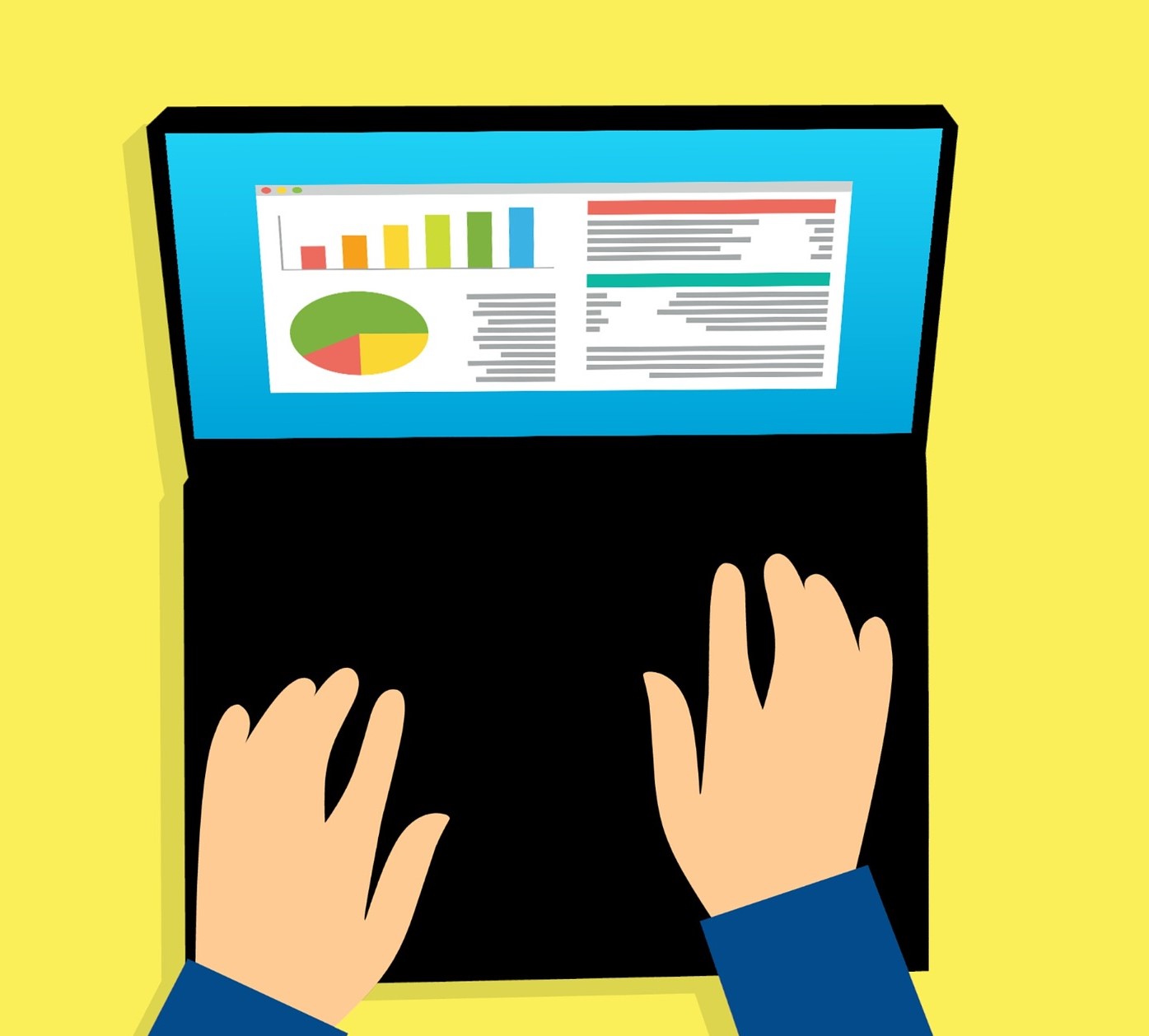 Illustration of a laptop screen with data analysis charts and two hands typing on the keyboard. The image is supposed to represent a data processor.
