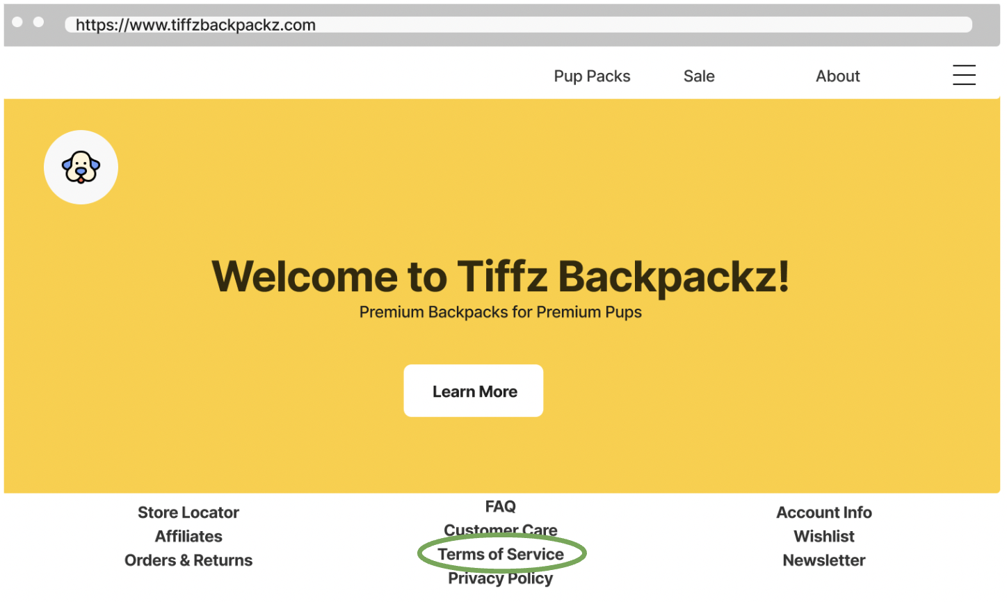 Tiffz Backpackz Terms of Service landing page