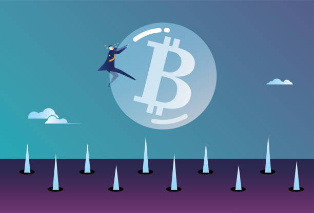 Blockhain crypto based balloon about to fall on tacks
