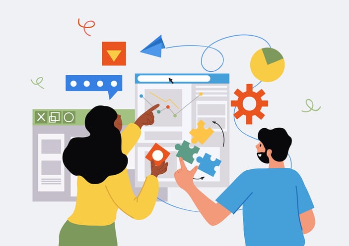 Woman and man analyzing data