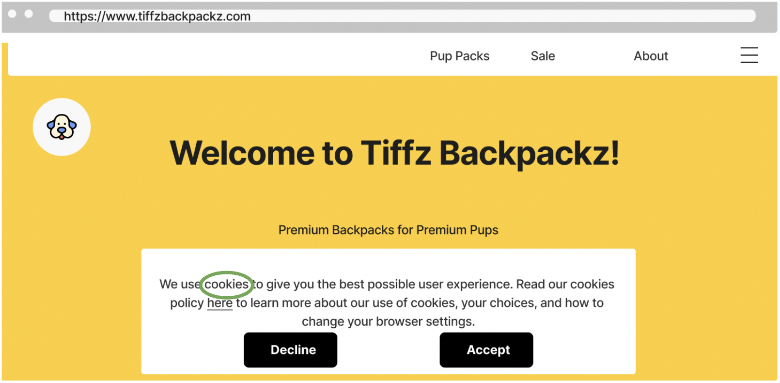Tiffz Backpackz Cookies on the landing page
