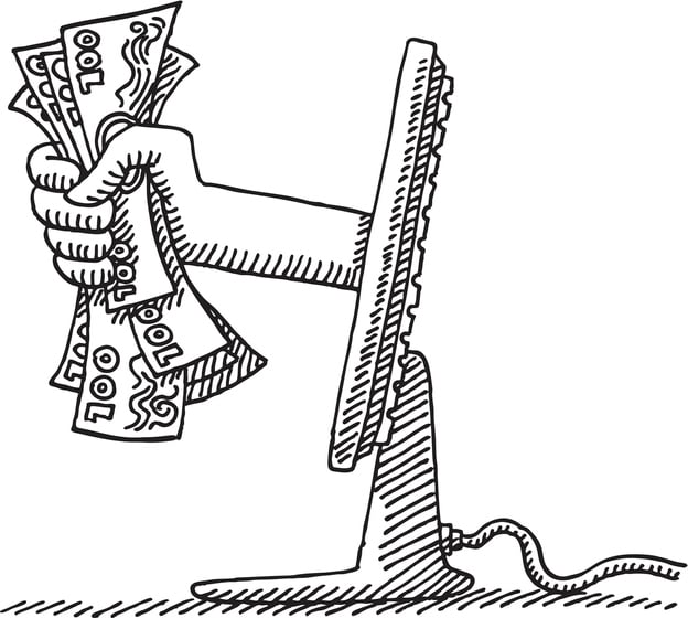 Hand reaching out from computer screen holding money
