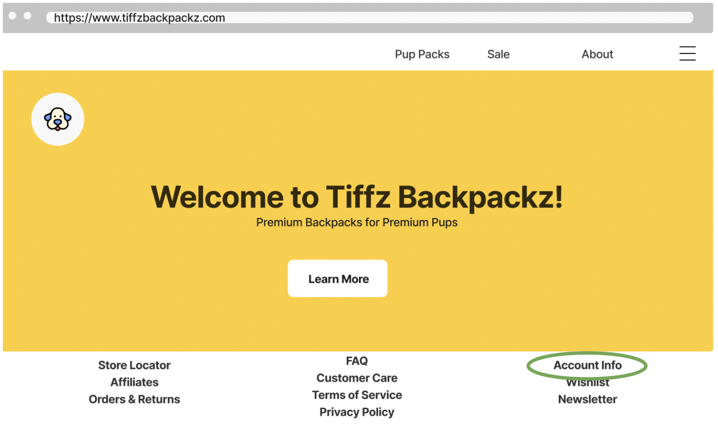Tiffz Backpackz Account Info on the landing page