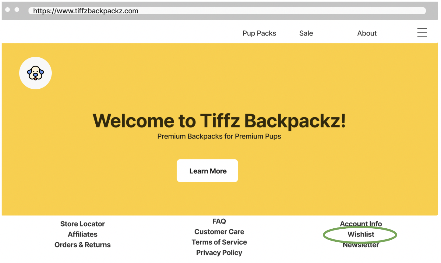 Tiffz Backpackz Wishlist on the landing page