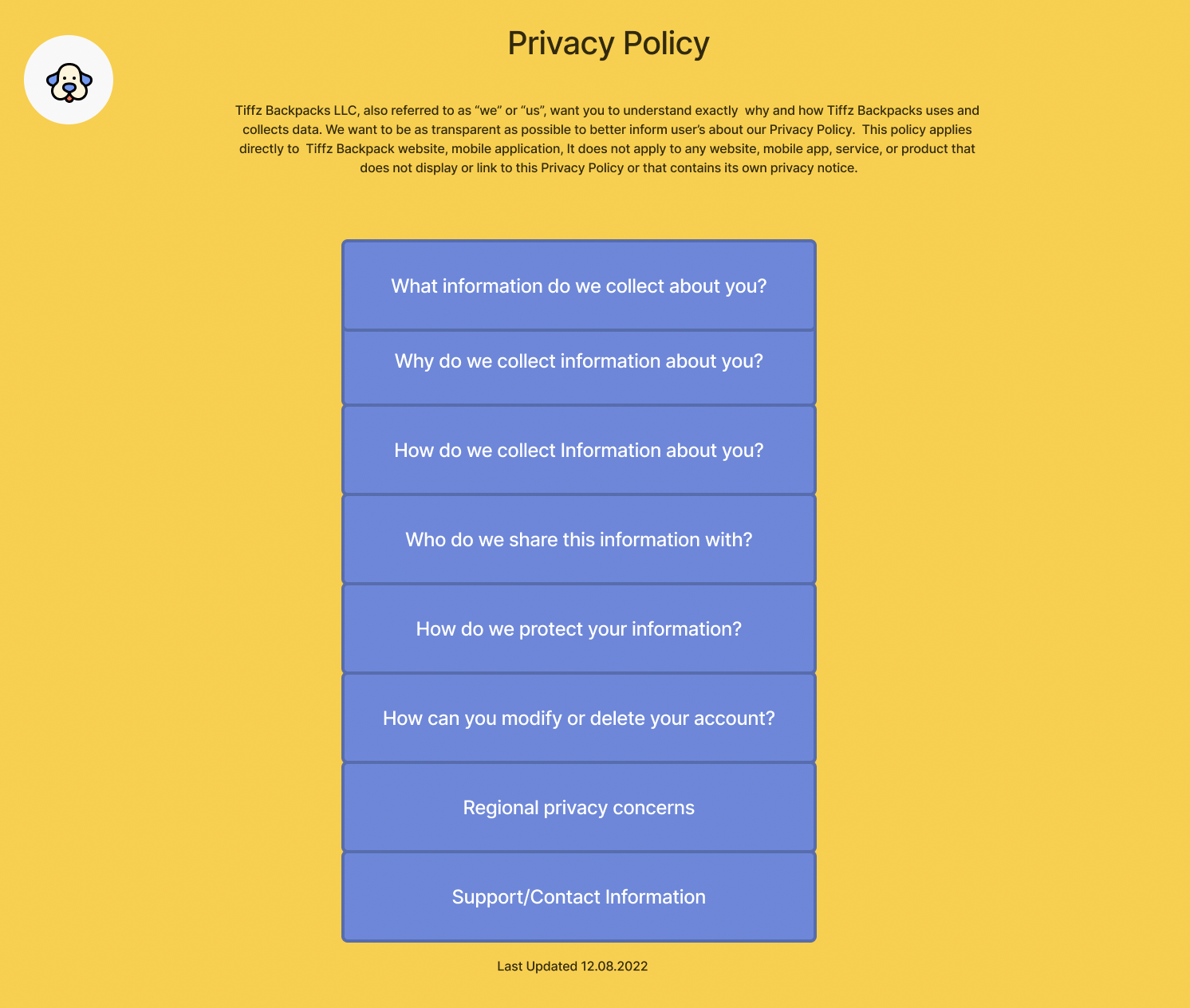 Tiffz Backpackz Privacy Policy page