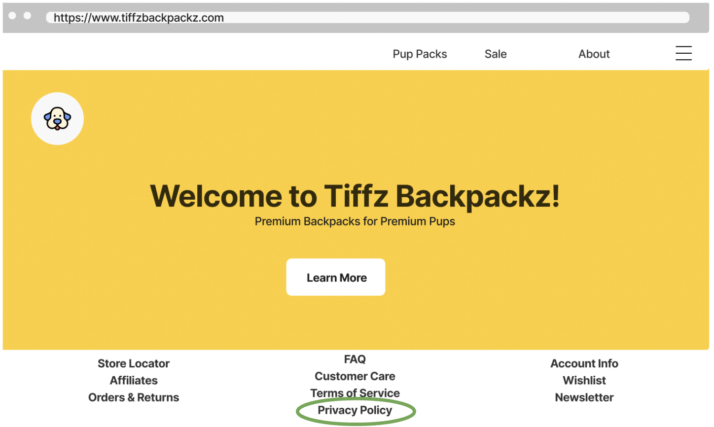 Tiffz Backpackz Privacy Policy on the landing page