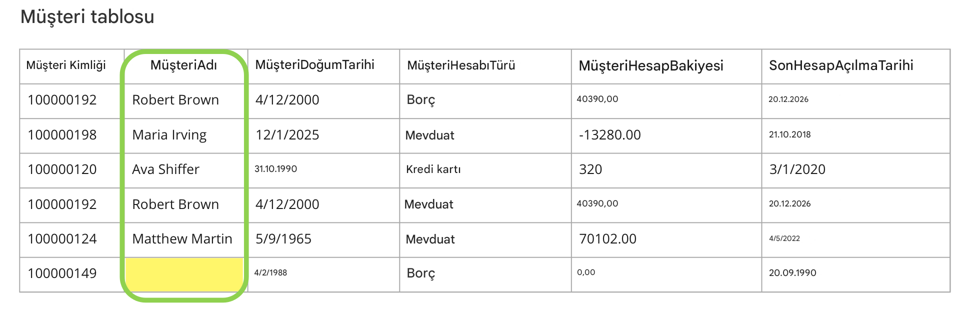 veri tablosu