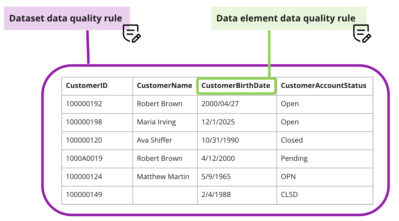 table depicting dataset and data element data quality rules