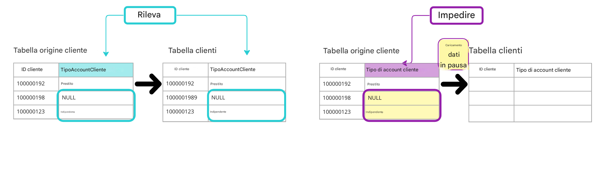 diagramma che illustra la differenza tra regole di qualità dei dati di tipo investigativo e preventivo