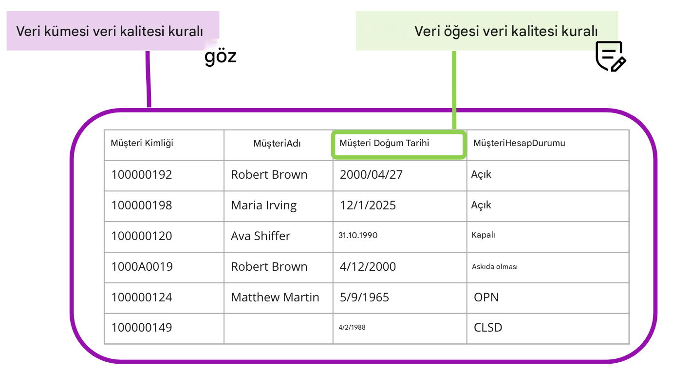 Veri kümesi ve veri öğesi veri kalitesi kurallarını gösteren tablo
