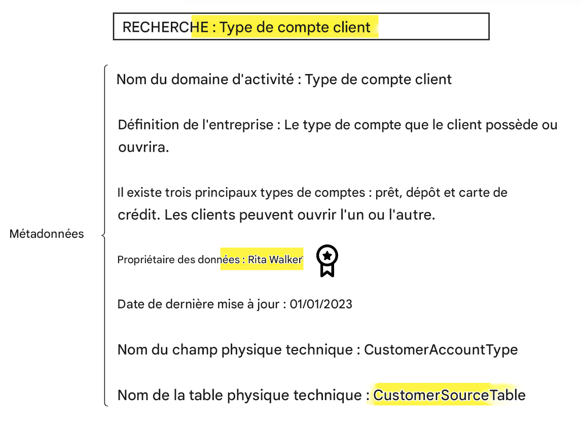 exemple de métadonnées dans le catalogue de données